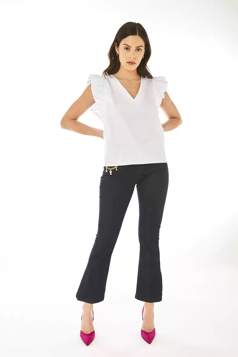 Kaos Jeans Top Donna Cotone V Rouche Bianco